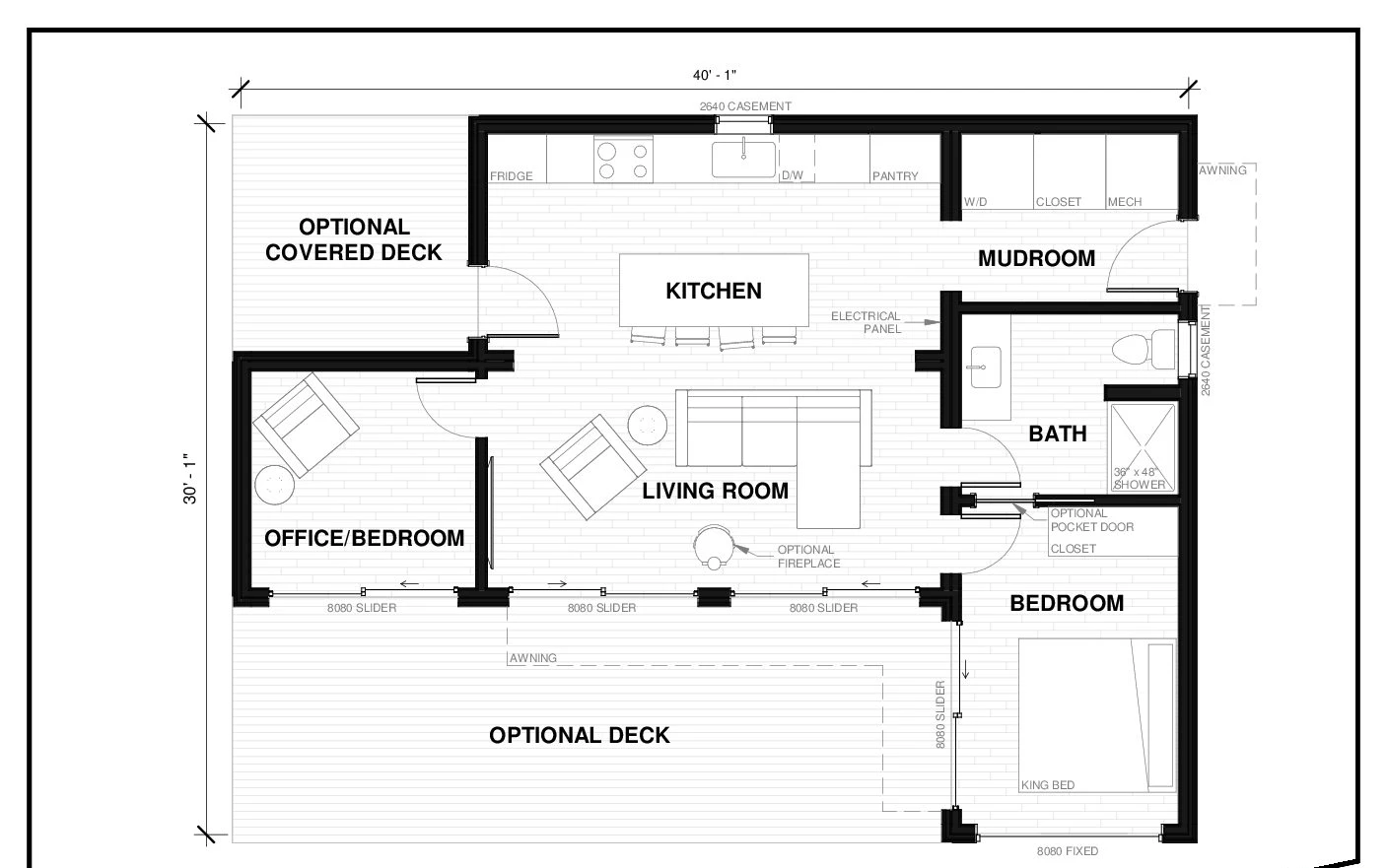 Copper 8 prefab ADU floor plan — 800 sq ft, 1–2 bed, 1 bath