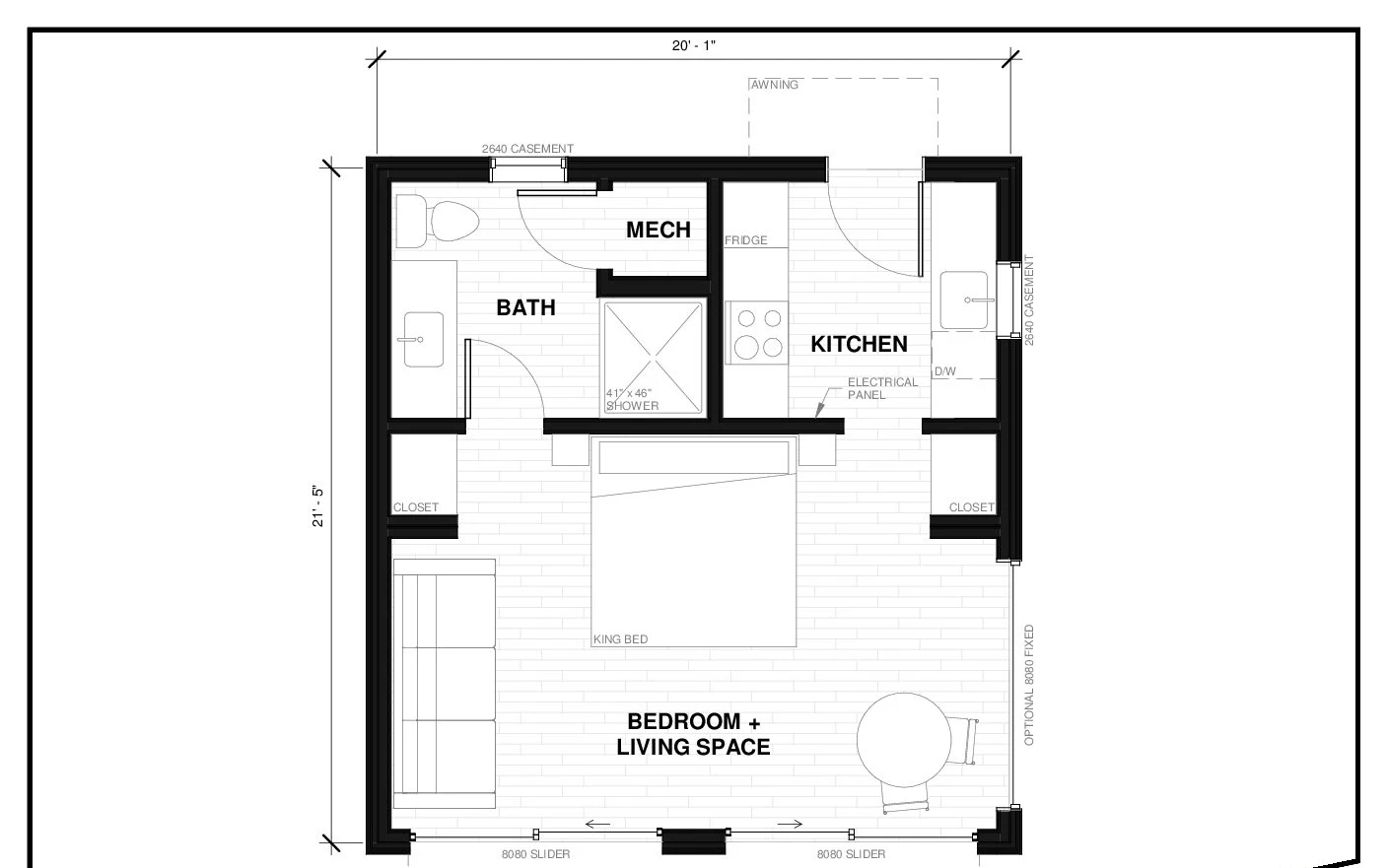 Douglas 4 prefab ADU floor plan — 430 sq ft, 1 bed, 1 bath