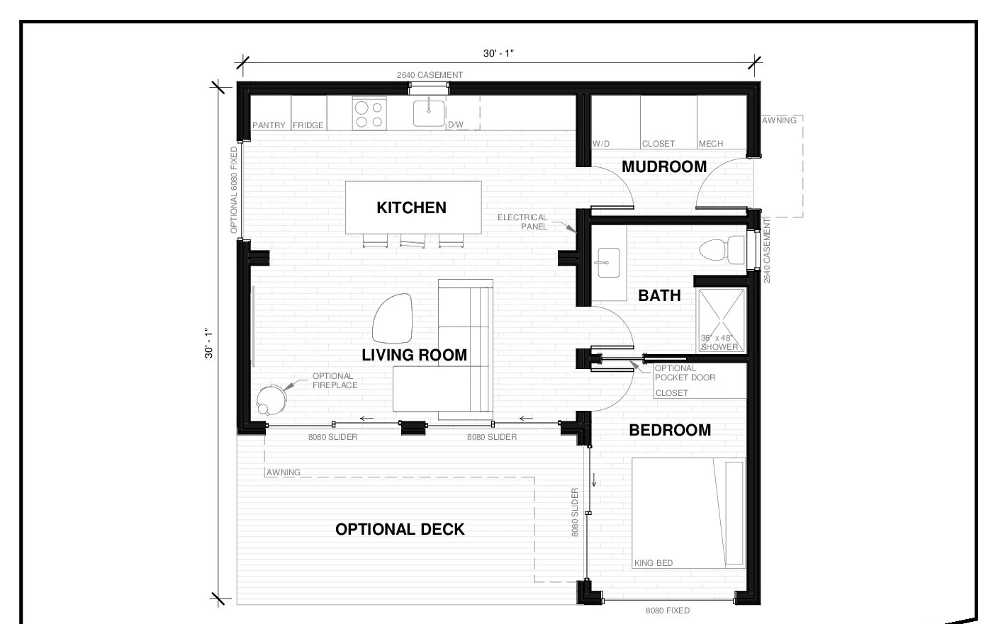 Galiano 7 prefab ADU floor plan — 700 sq ft, 1 bed, 1 bath