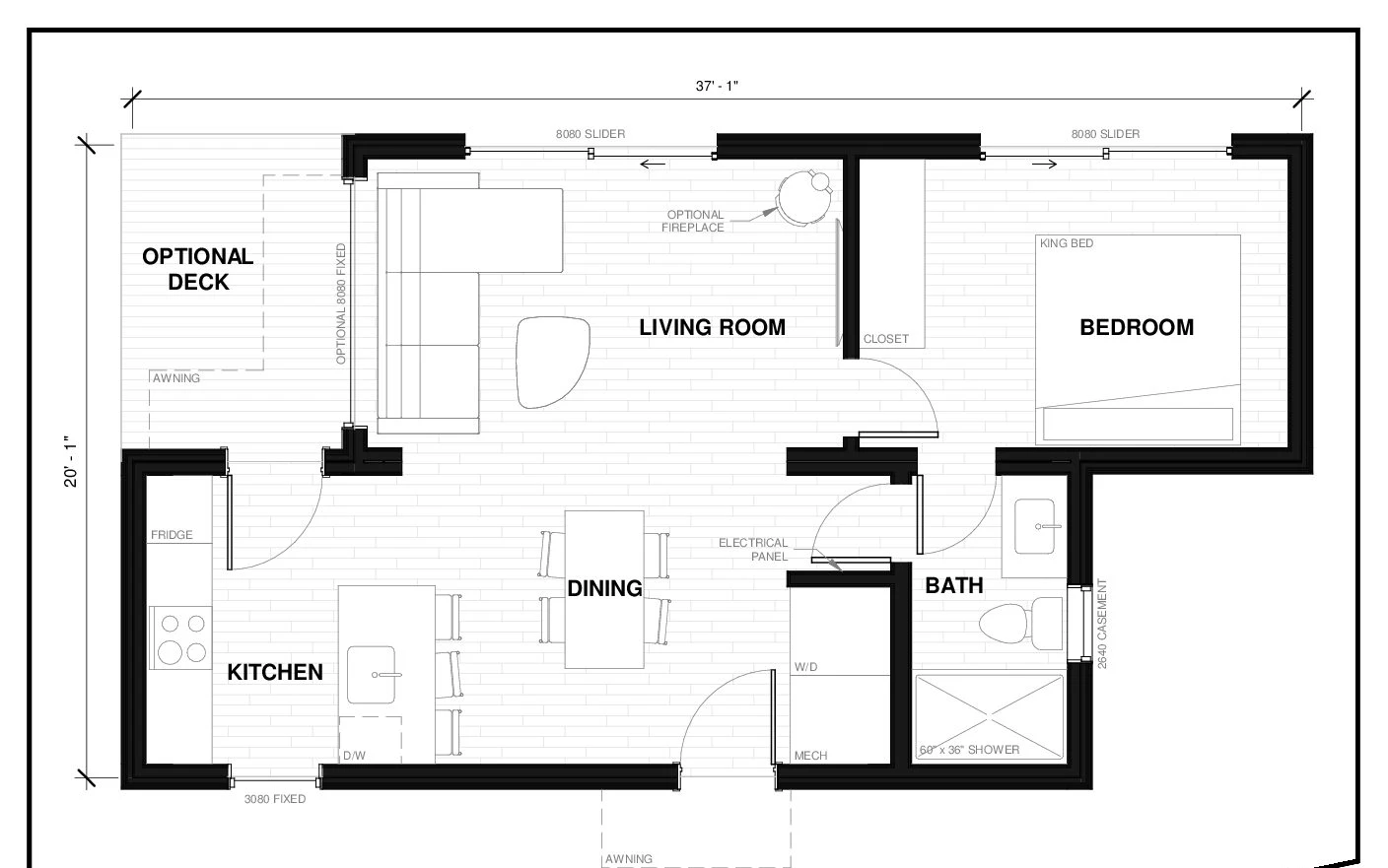 Gambier 6 prefab ADU floor plan — 600 sq ft, 1 bed, 1 bath