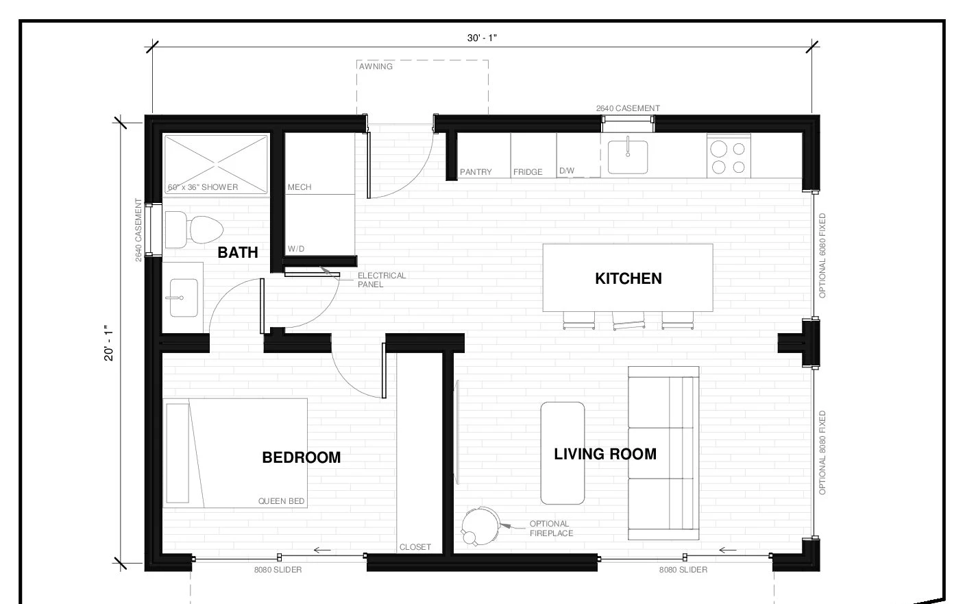 Granville 6 prefab ADU floor plan — 600 sq ft, 1 bed, 1 bath