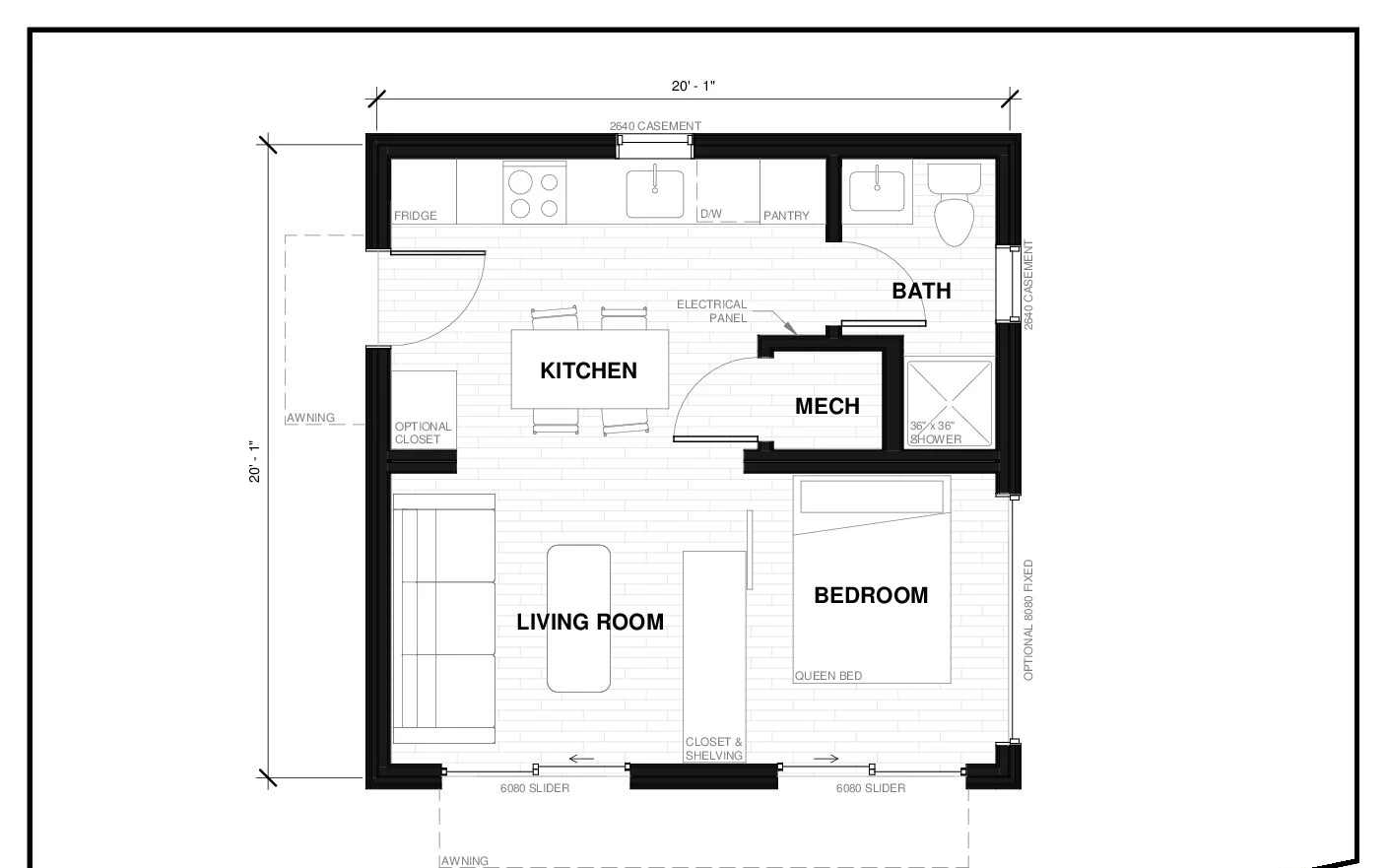 Quadra 4 prefab ADU floor plan — 400 sq ft, 1 bed, 1 bath