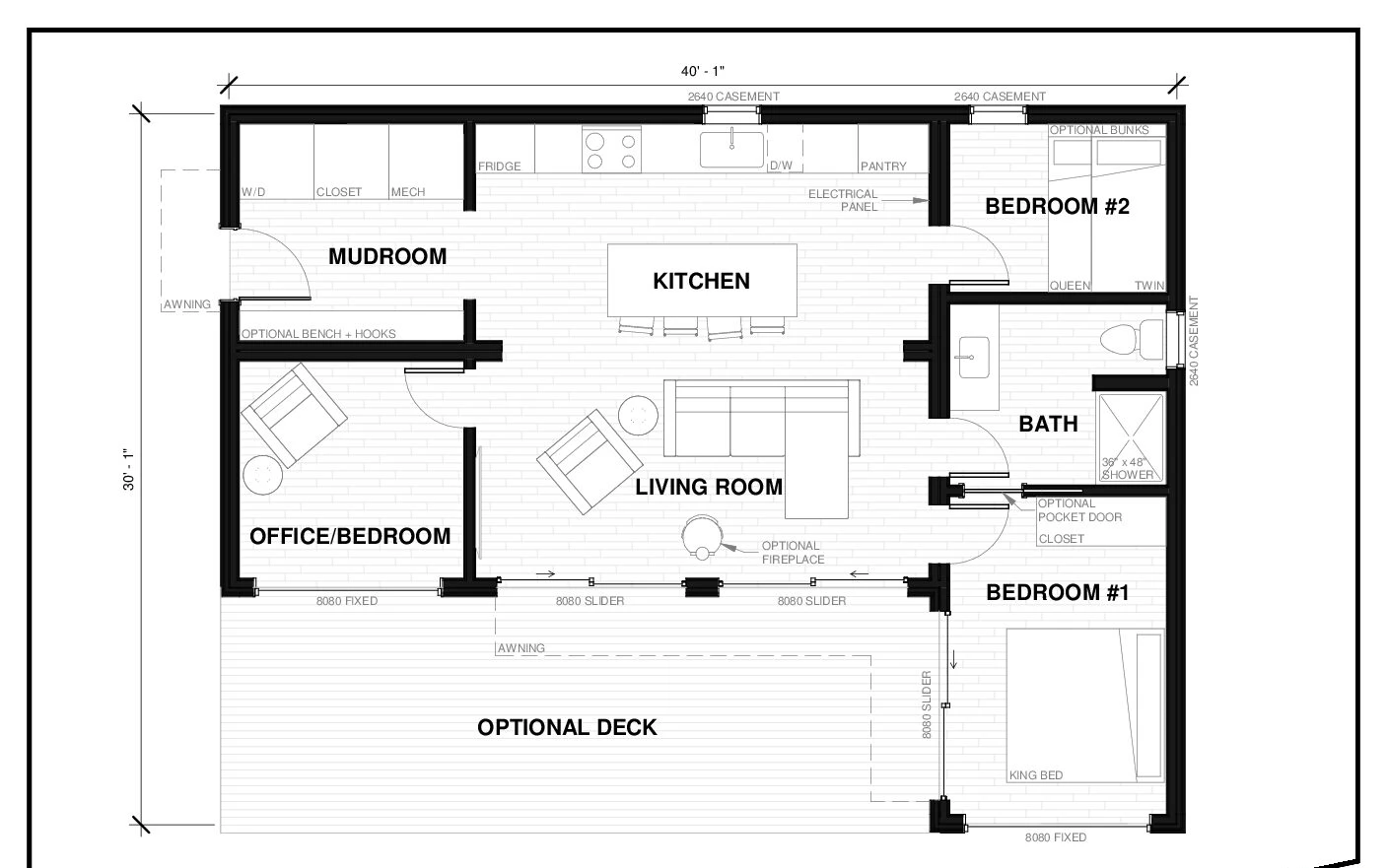 Ruxton 9 prefab ADU floor plan — 900 sq ft, 2–3 bed, 1 bath