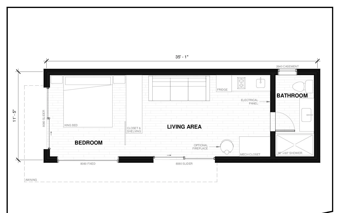 Sidney 4 prefab ADU floor plan — 400 sq ft, 1 bed, 1 bath