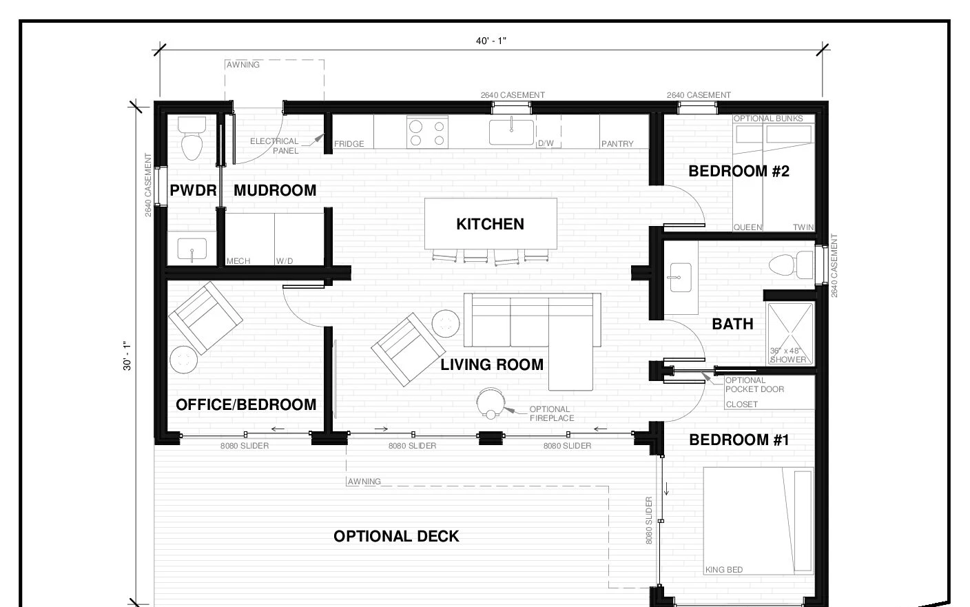 Texada 9 prefab ADU floor plan — 900 sq ft, 2–3 bed, 1.5 bath